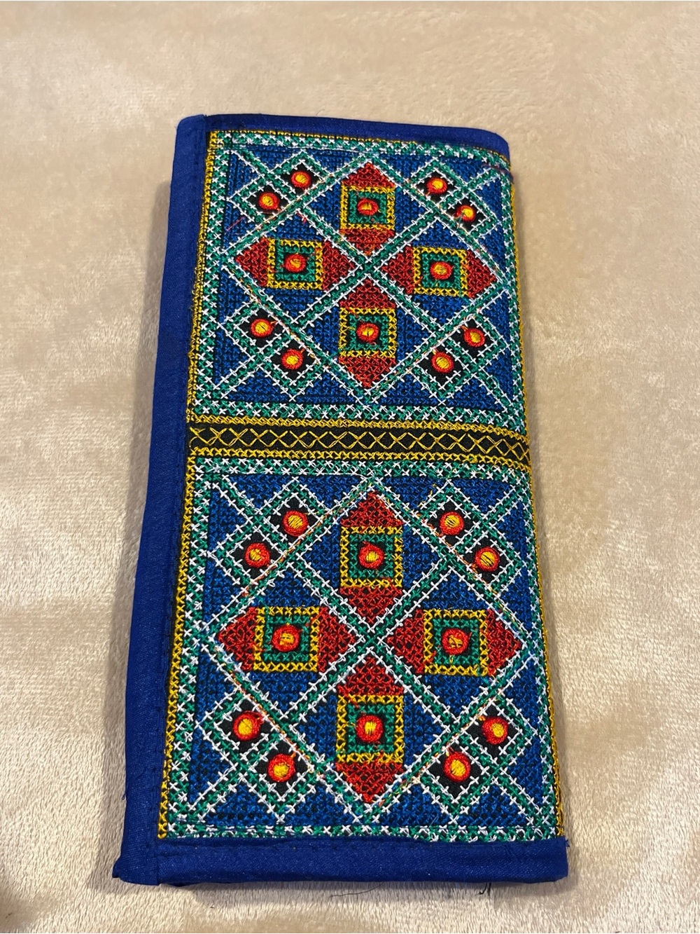 Vintage Style Cross-Stitch Embroidered Wallet Blue Ethnic Clutch